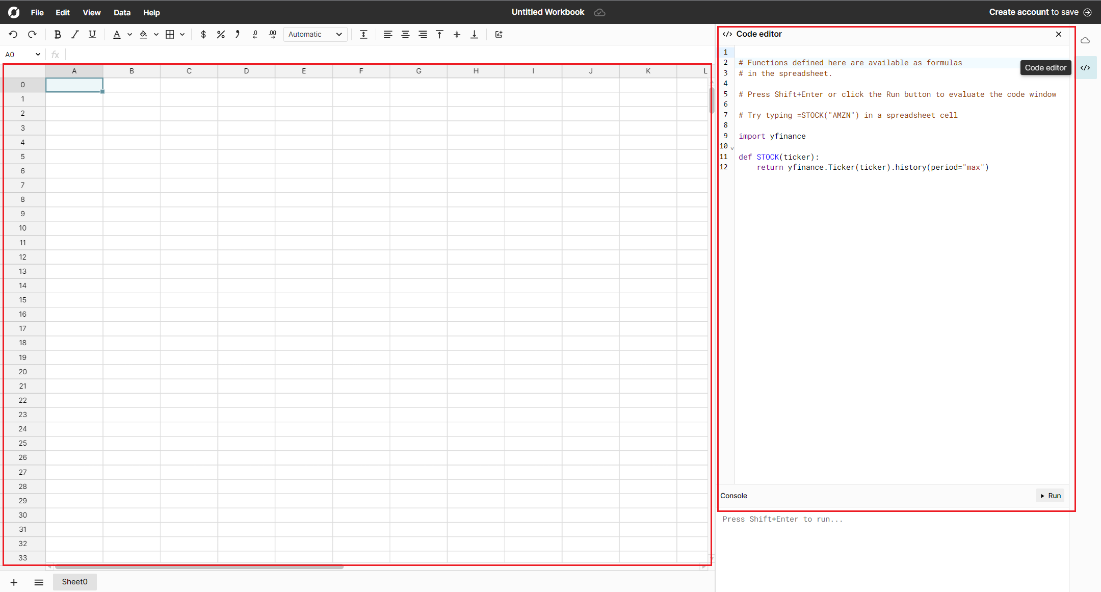 Row Zero spreadsheet and code window