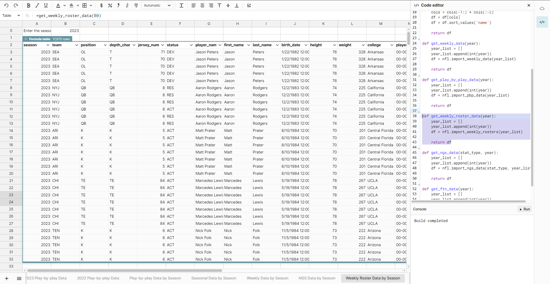 NFL Team roster data