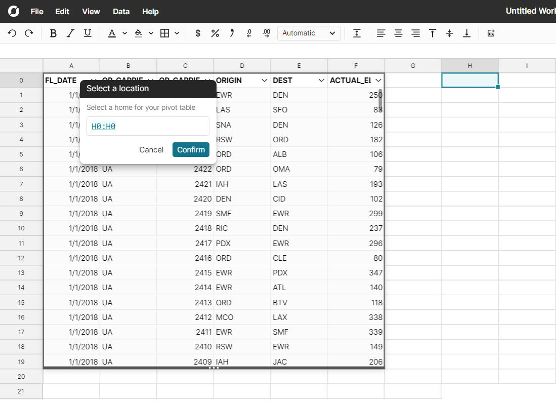 Pivot to existing sheet