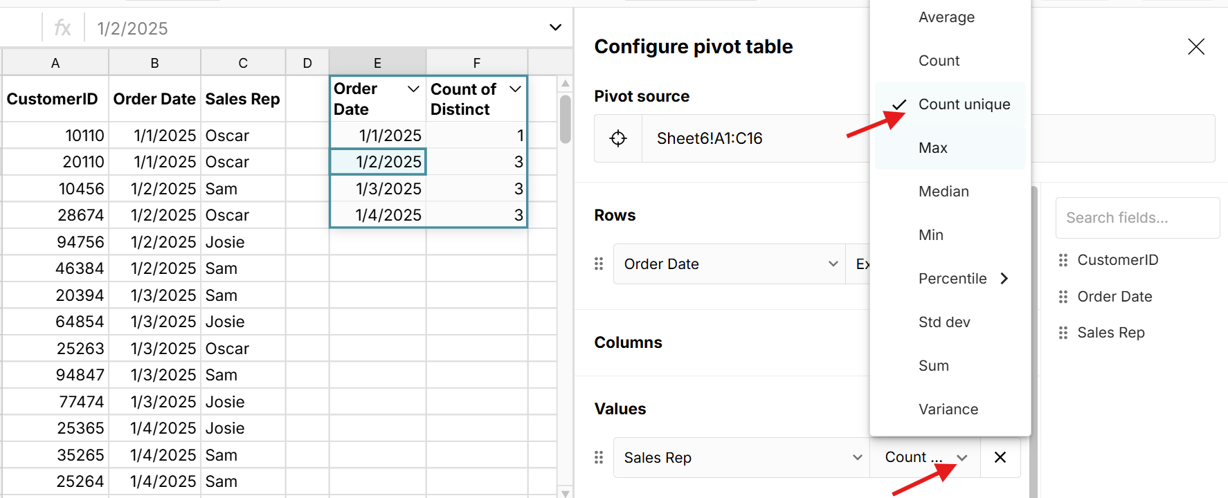 pivot table count unique values