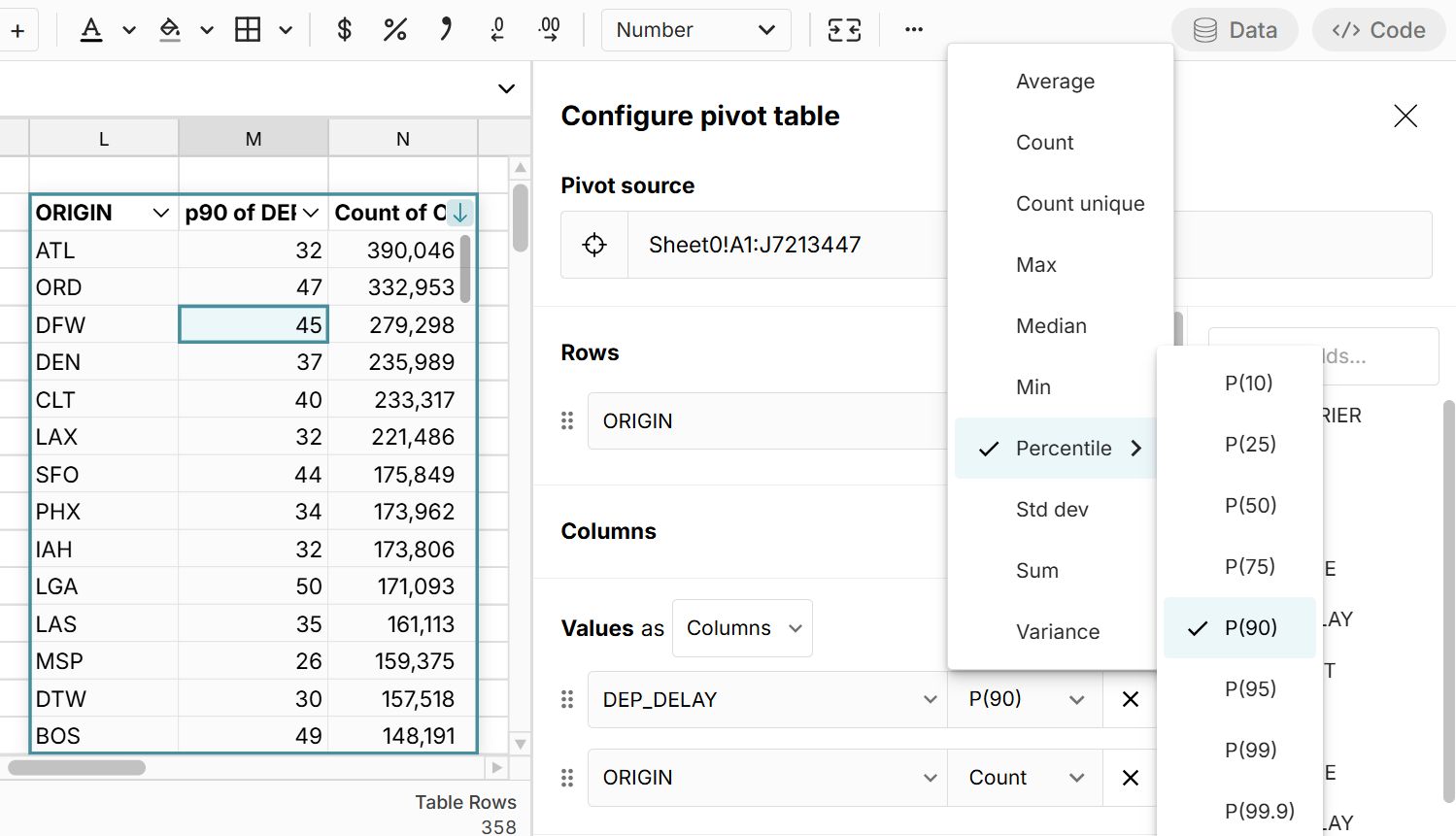 pivot table percentiles