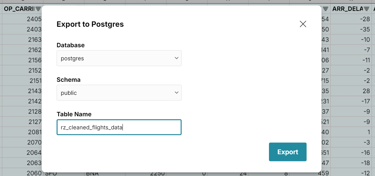 export to postgres table