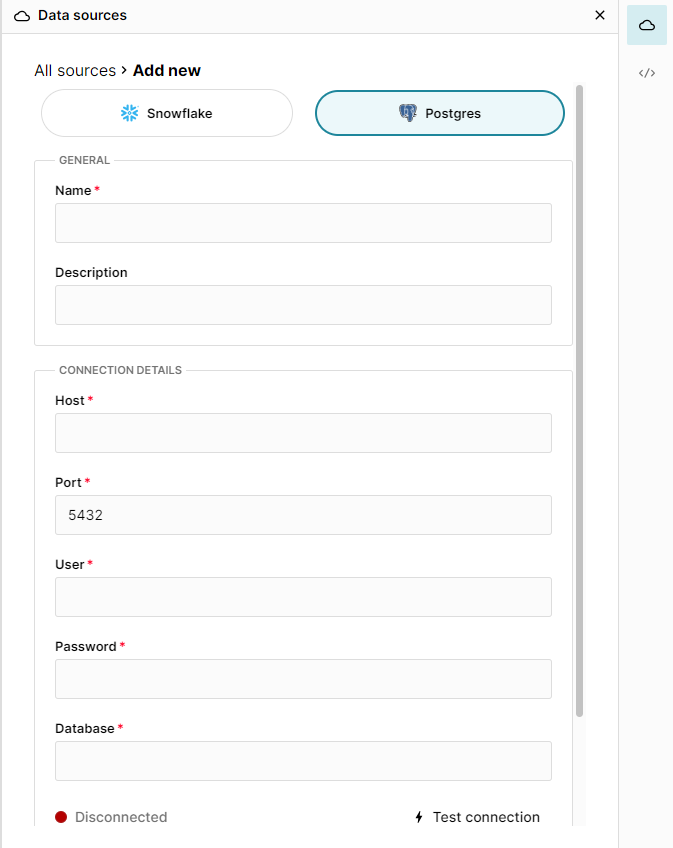 PostgreSQL add new connection screen in Row Zero