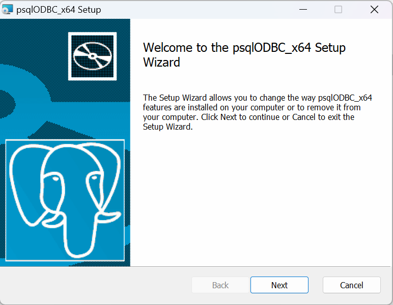 Installation wizard PostgreSQL ODBC driver