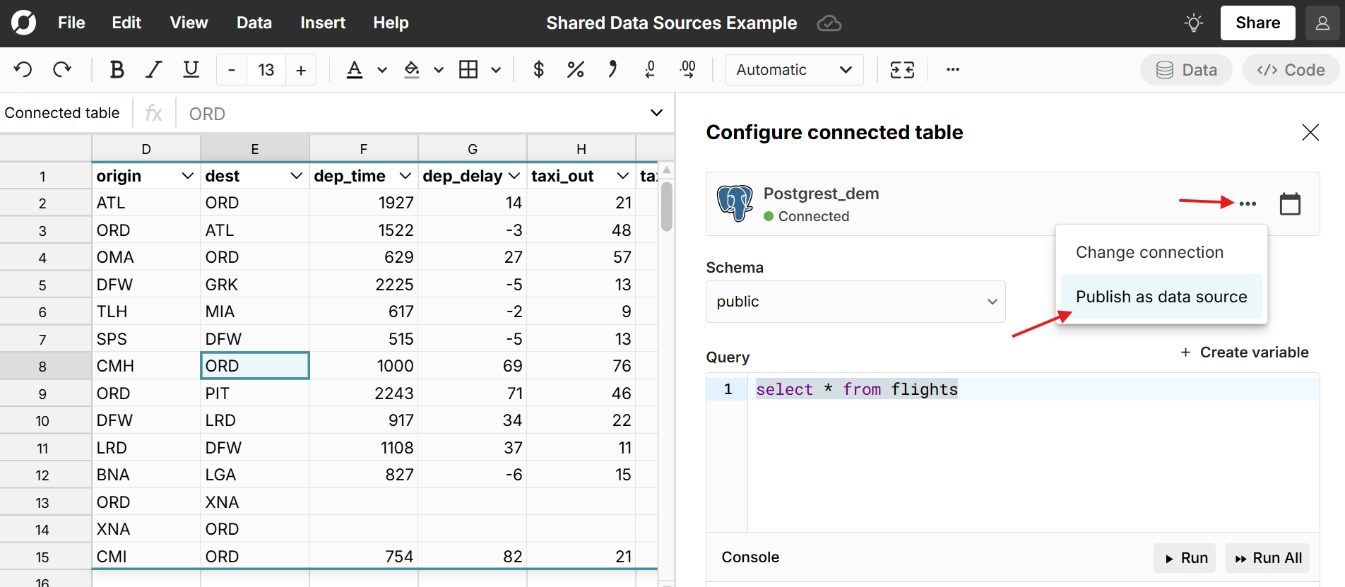 publish query as data source