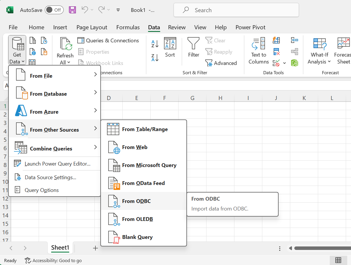 Redshift Excel get data from ODBC