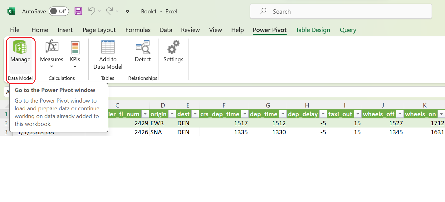 Data model power pivot window