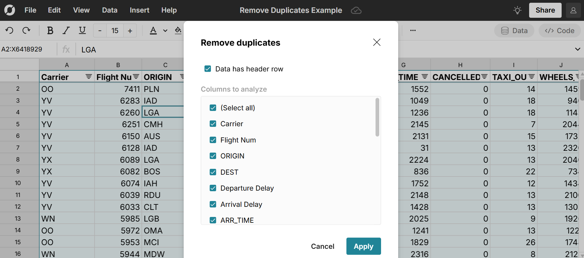 remove duplicates in spreadsheet