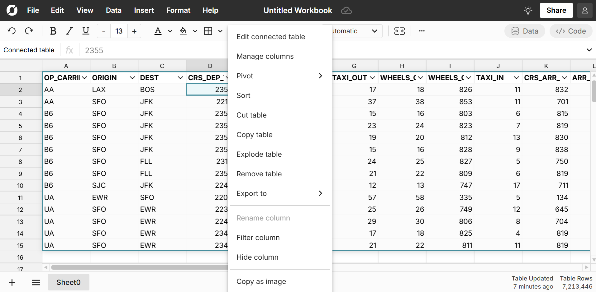 data table menu