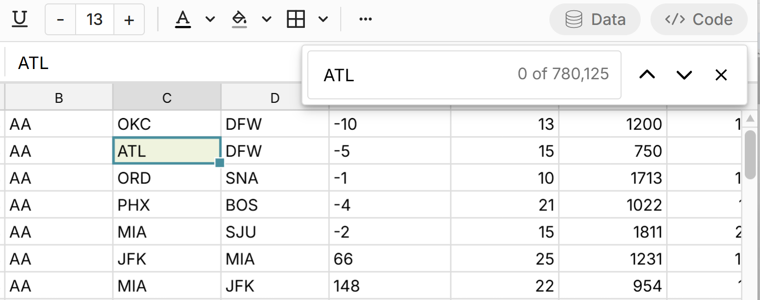 CTRL + F to search and find values in a big CVS