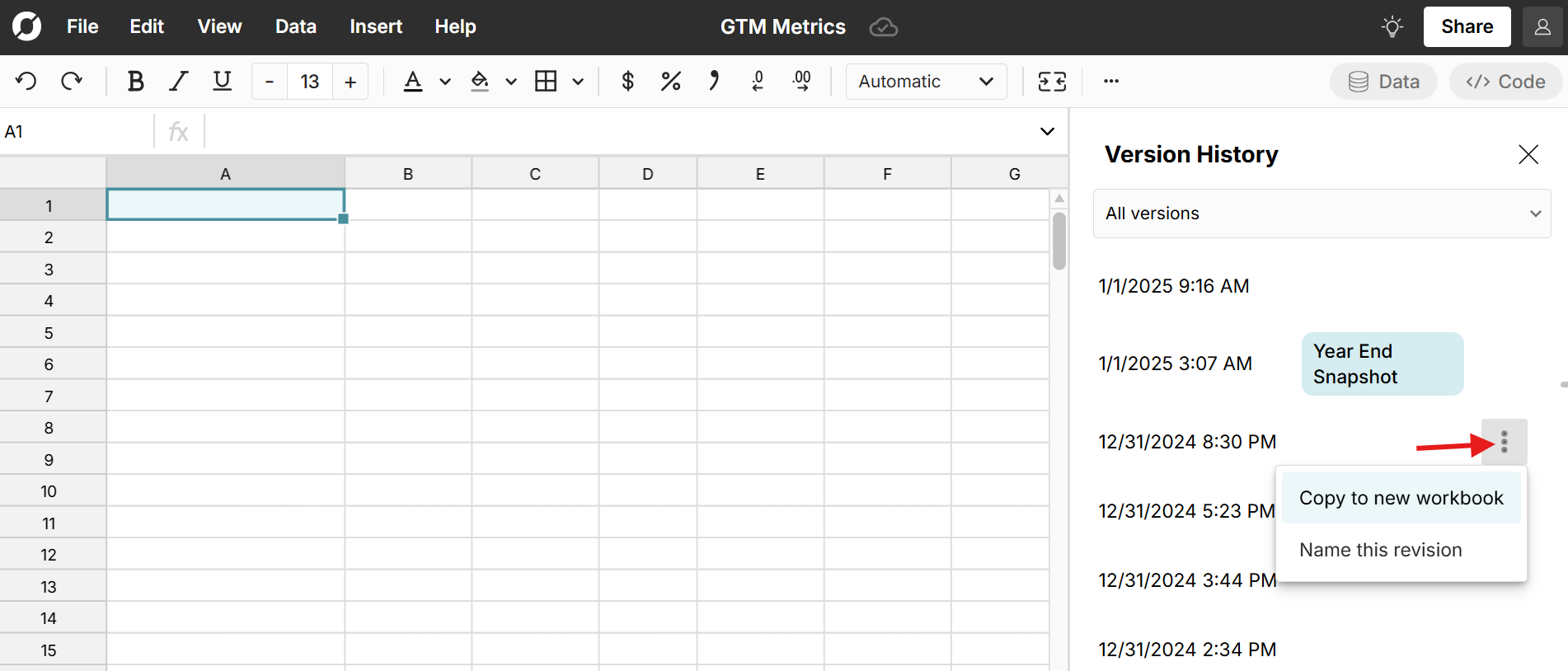 select autosaved version of spreadsheet