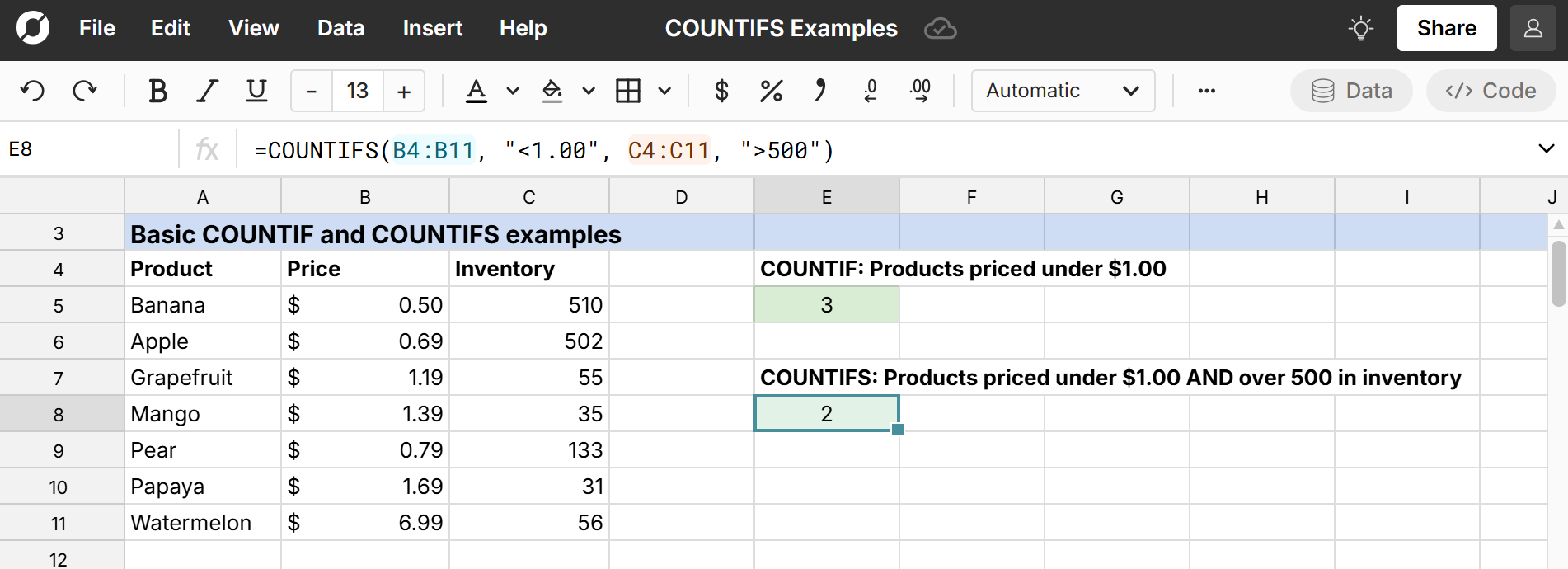 sample countifs example