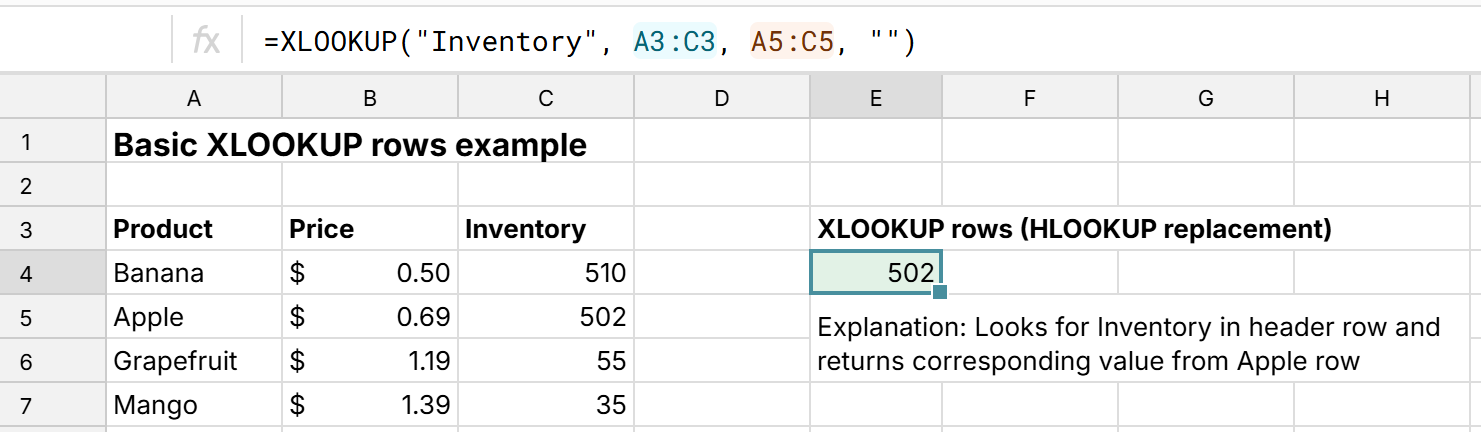 simple xlookup rows example