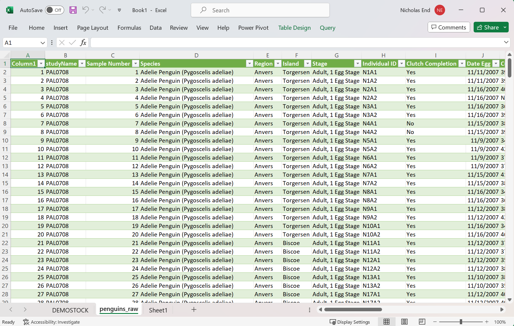 snowflake data loaded in excel