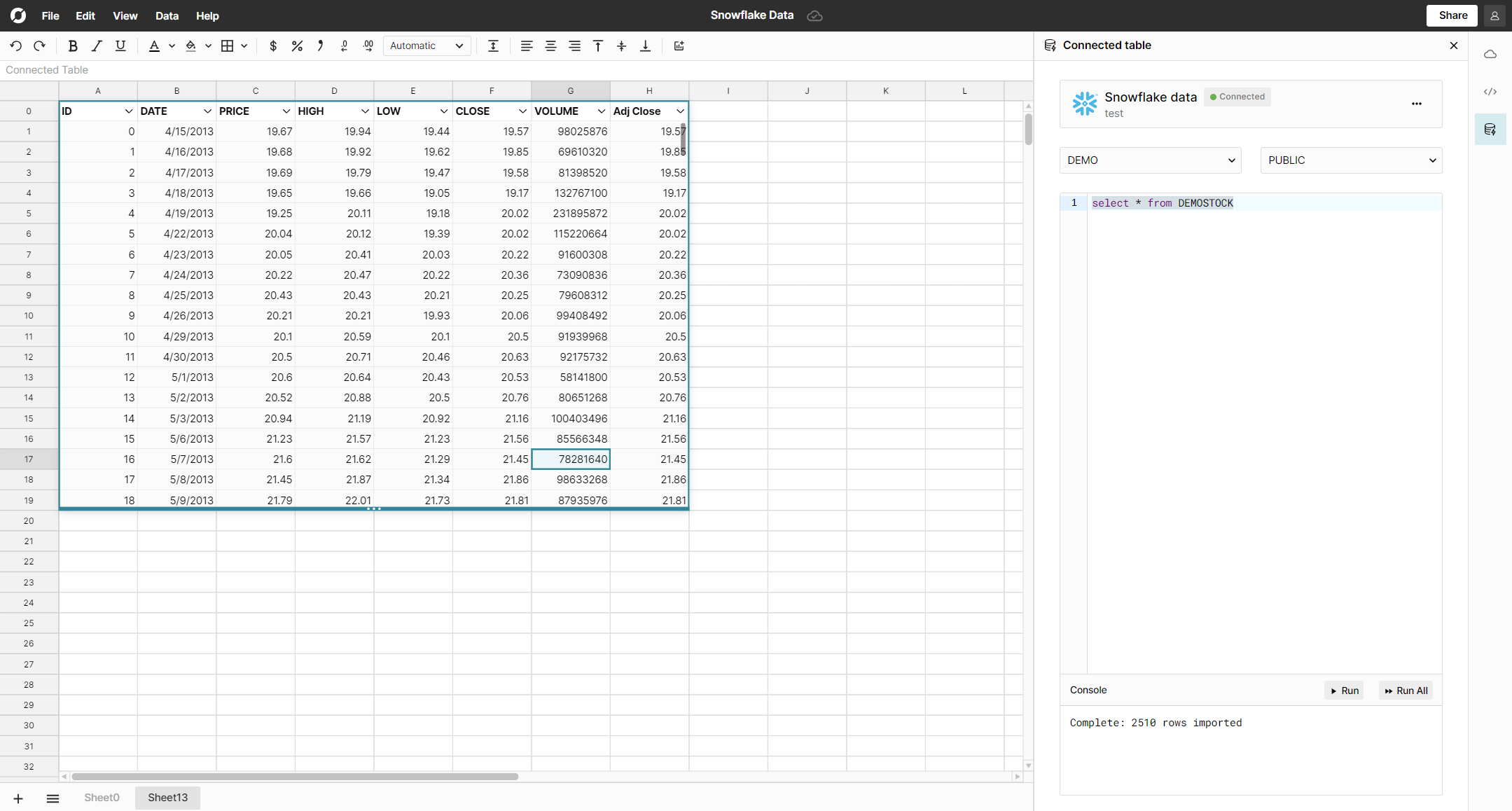 Write Snowflake SQL query in Row Zero