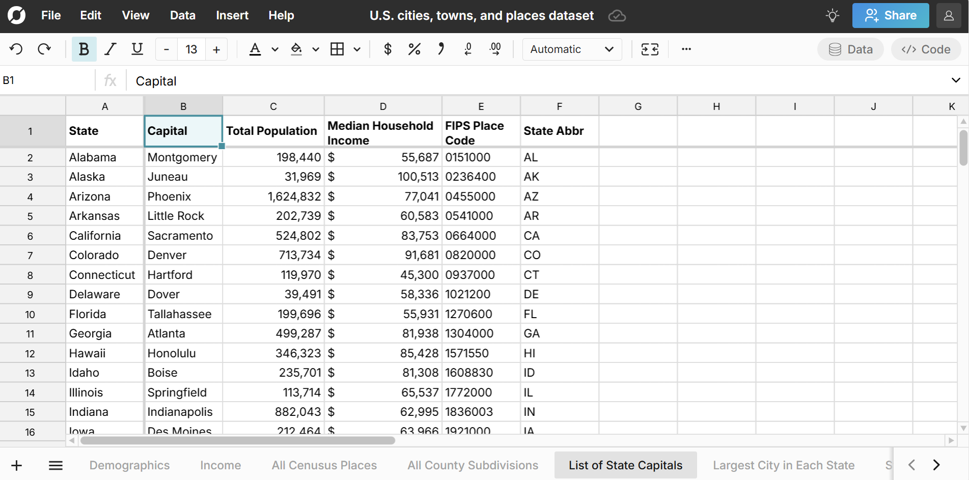 list of state capitals in a spreadsheet