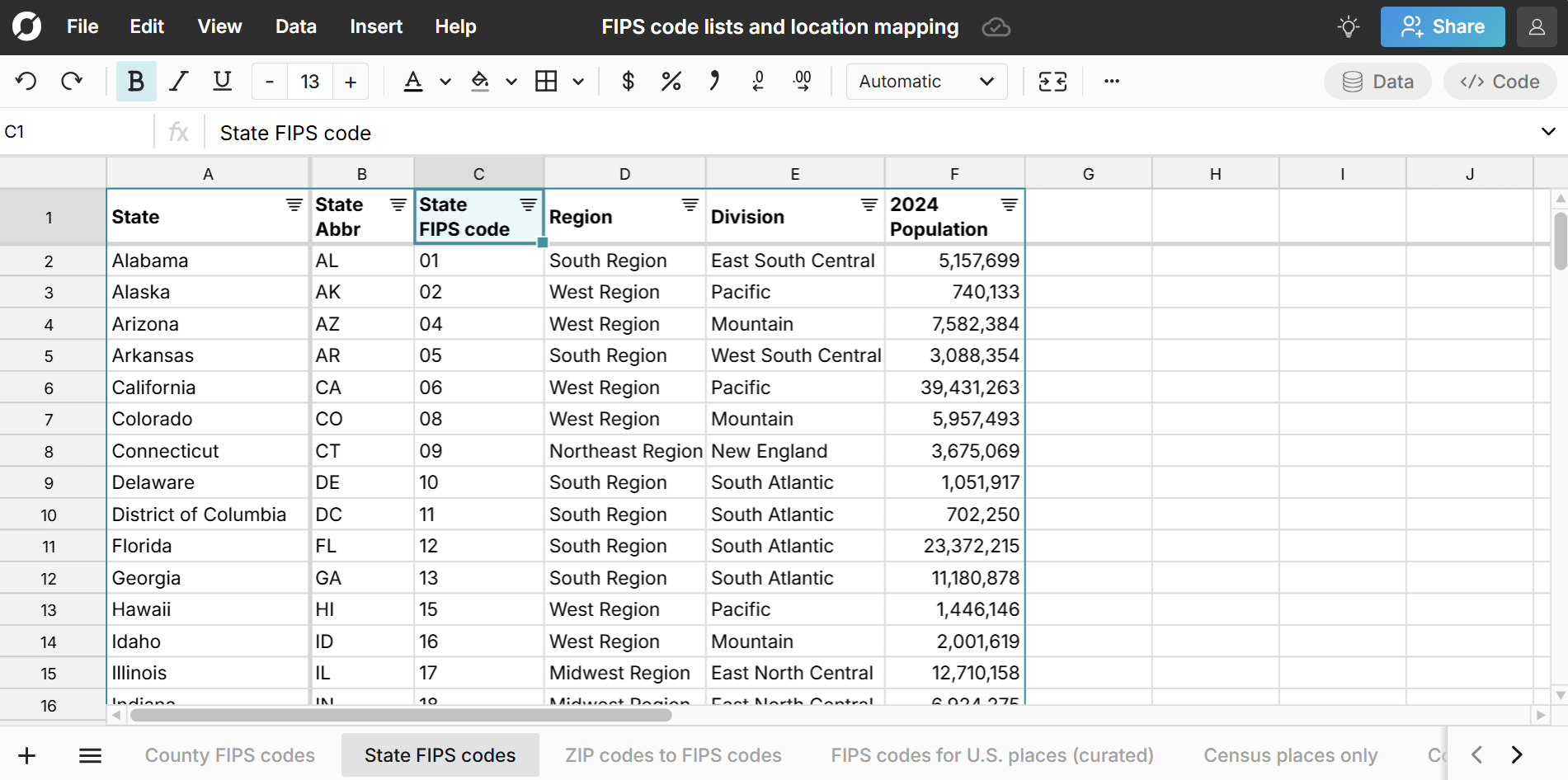 state FIPS code lookup in spreadsheet