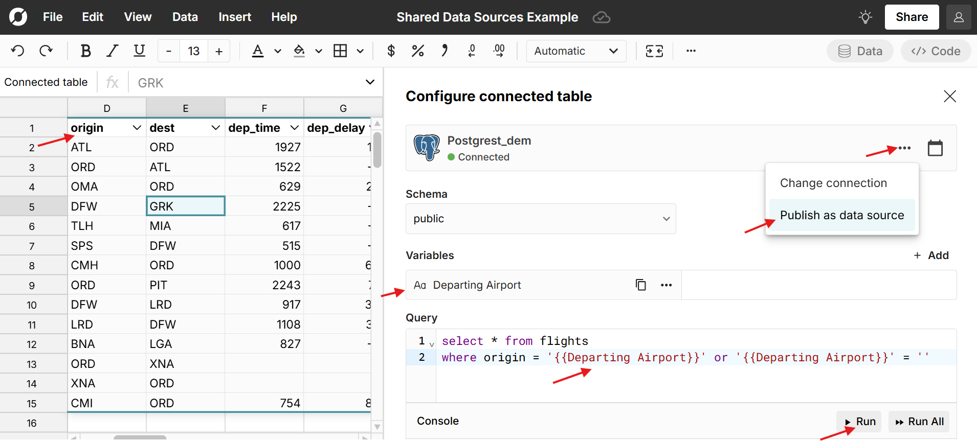 incorporate query variable into SQL for data sources in spreadsheet