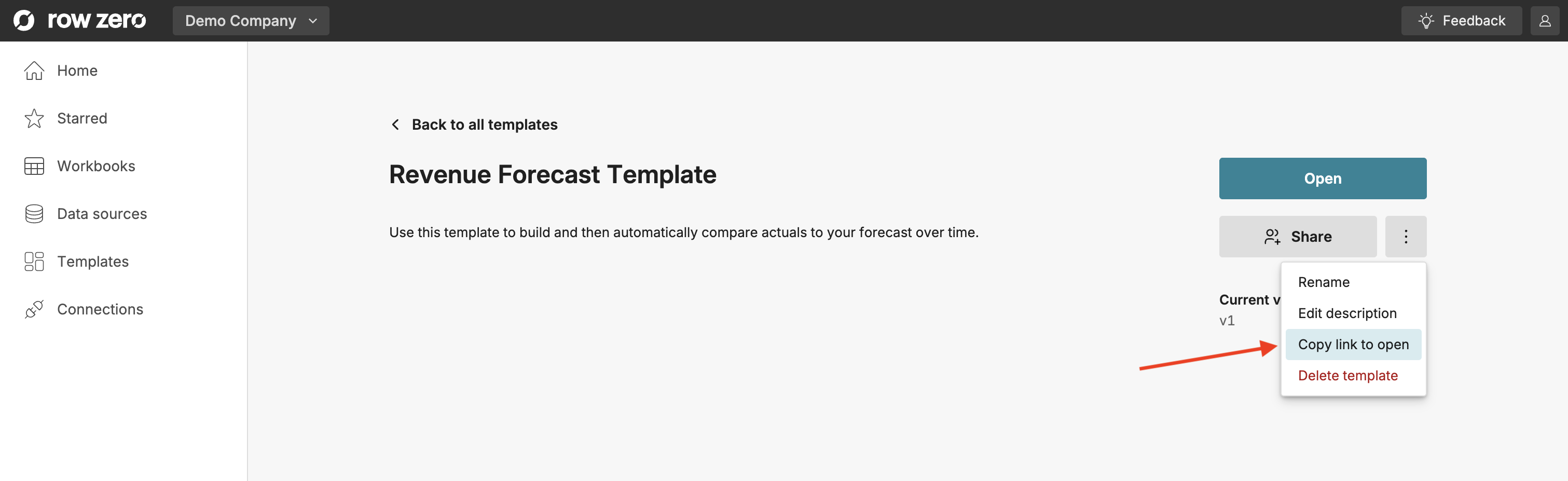 Open template details page