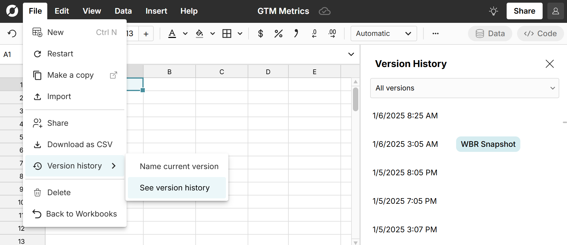 wbr snapshot in spreadsheet