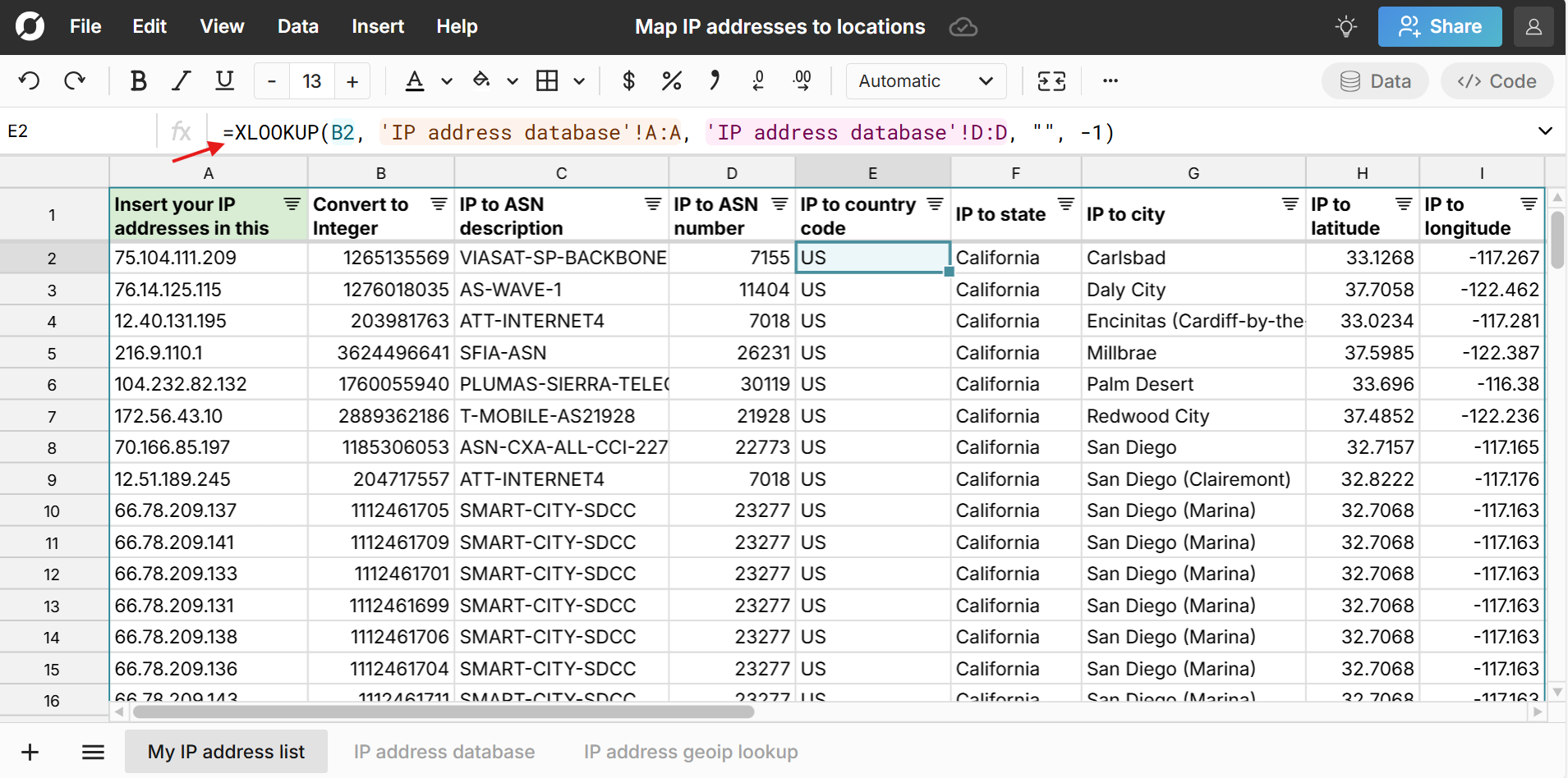 xlookup ip address to location in spreadsheet