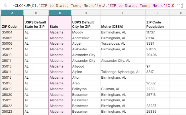 map zip code to state with XLOOKUP