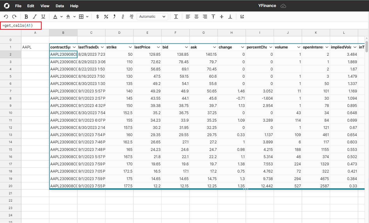 get calls from yfinance