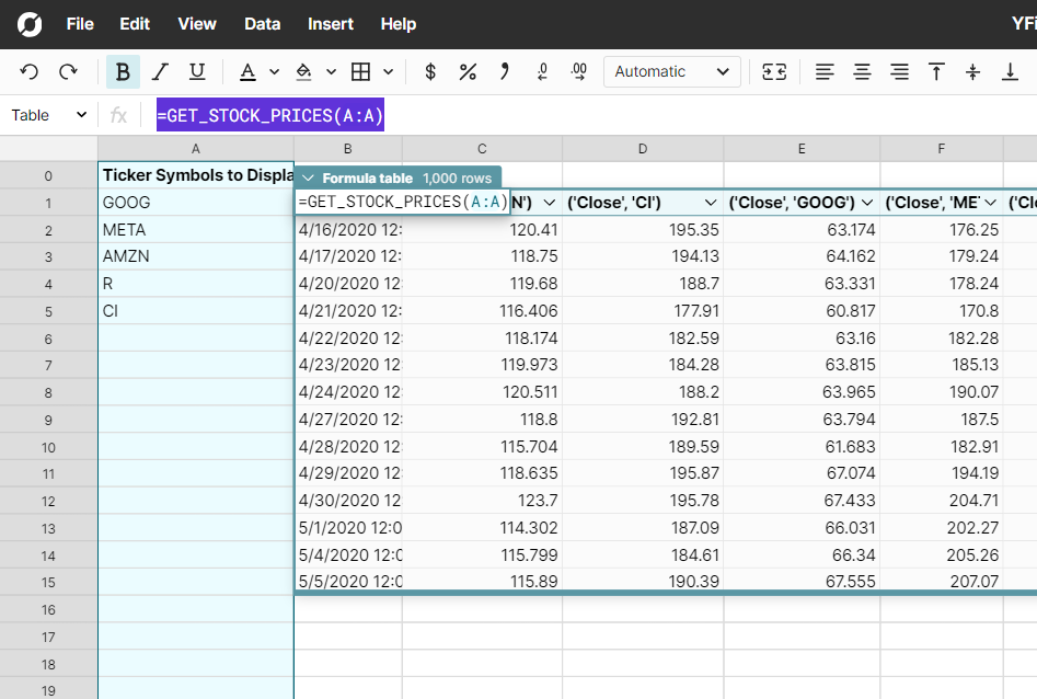 Get stock prices spreadsheet function