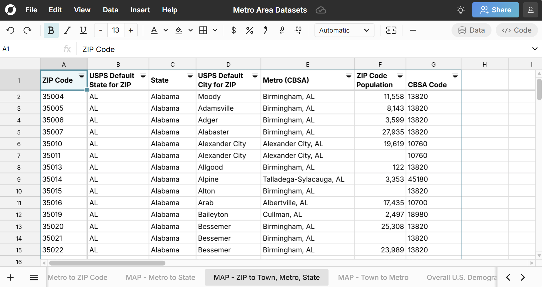 map zip code to metropolitan statistical area in a spreadsheet